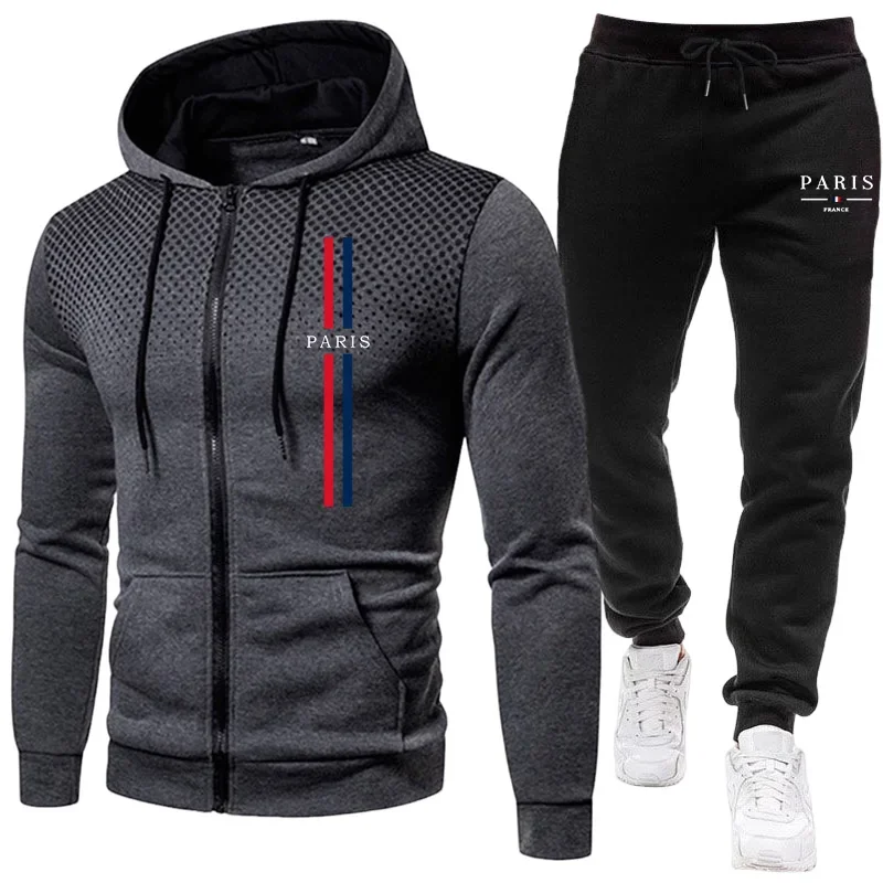 Winter Clothing For Men - ชุดกีฬาผู้ชาย เสื้อแจ็คเก็ตมีซิป+กางเกง ชุดสองชิ้น ฤดูใบไม้ร่วง ฤดูหนาว ชุดลำลอง