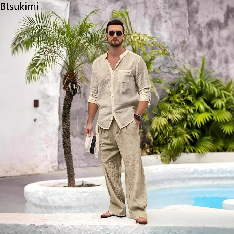 Winter Clothing For Men - ชุดลำลองผู้ชายผ้าฝ้ายลินิน 2 ชิ้น เสื้อคอตั้งพร้อมกระเป๋า กางเกงลินิน ชุด