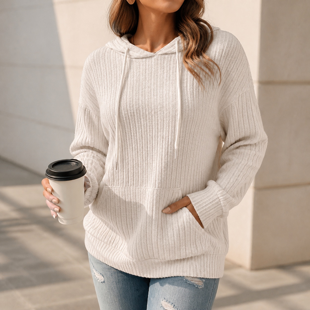 Winter Clothing Sale Women - เสื้อผ้าผู้หญิงสำหรับฤดูหนาวลดราคา เสื้อฮู้ดดี้ผู้หญิง ทรงหลวม ไหล่ตก ผ้าฝ้ายขัดลายทาง แขนยาว
