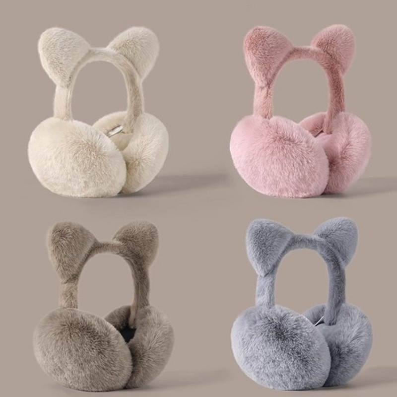 Ear Muff Foldable - ที่ปิดหูแบบพับได้รูปหูแมว ผ้าพลัฌอุ่นๆ ป้องกันลม สำหรับผู้หญิง ใช้ได้ในฤดูหนาว เหมาะสำหรับขี่จักรยาน
